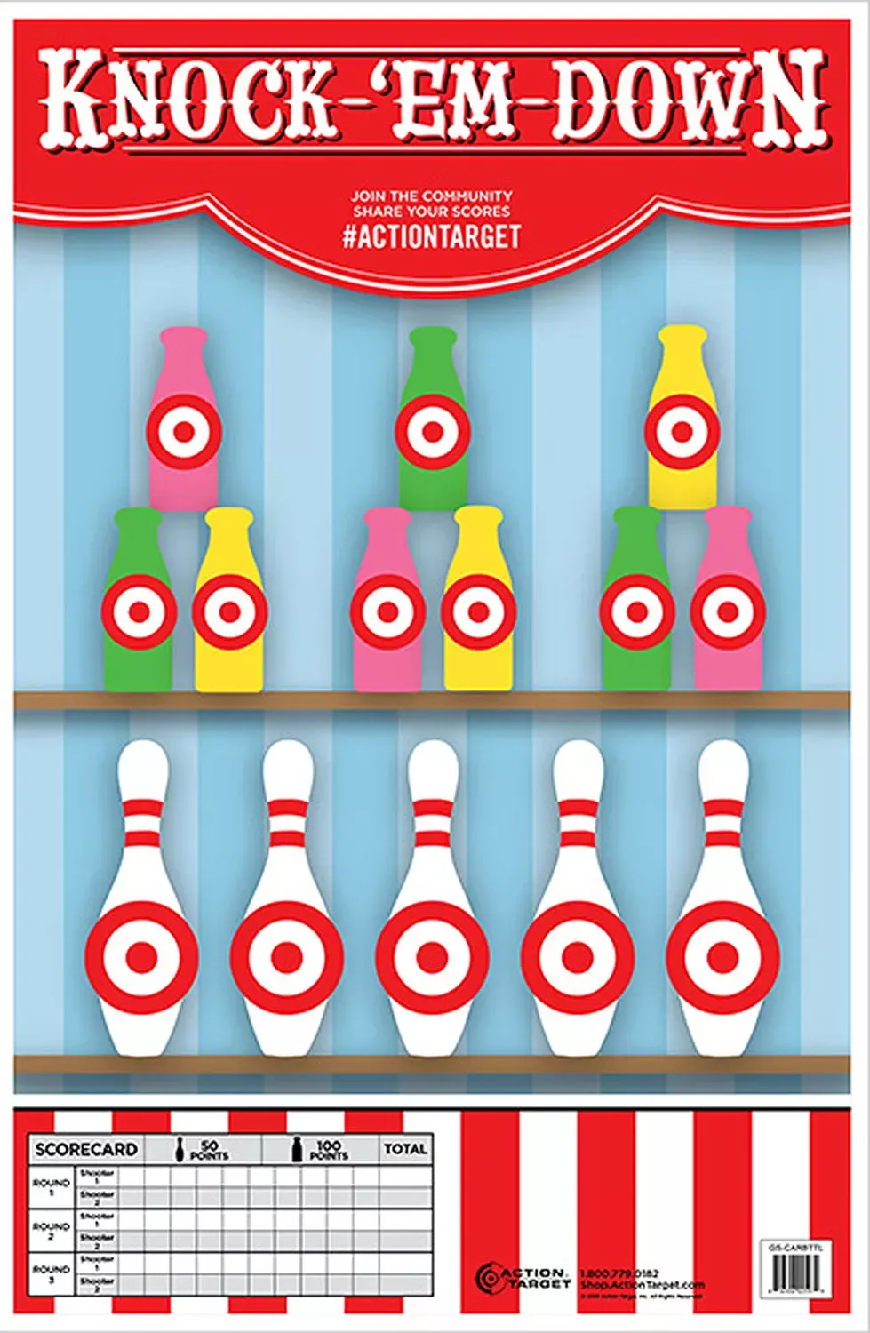 Action Target Knock-'Em Down Knock-'Em-Down Bottles/Pins Paper Hanging 23" x 35" Multi-Color 100 Per Box