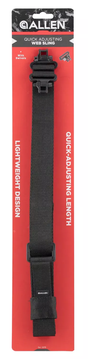 Allen Quick Adjusting Sling made of Black Nylon with 26"-33" OAL, 1.25" W, Adjustable Design * Swivels for Rifles