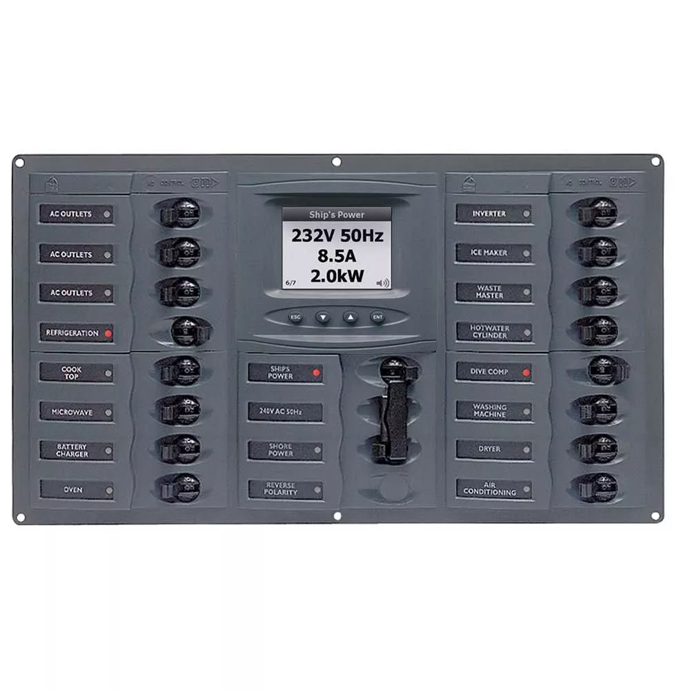 BEP AC Circuit Breaker Panel w/Digital Meters, 16SP 2DP AC230V ACSM Stainless Steel Horizontal – 900-AC4-ACSM
