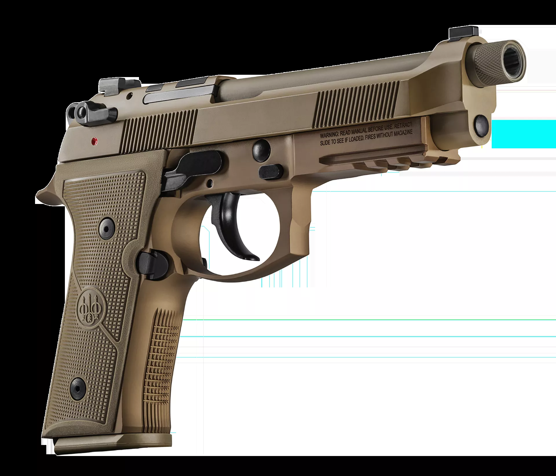 Beretta M9A4 GR, 9mm, 5″ Threaded barrel, 15+1 Round capacity, DA/SA, Tritium night sights, Decocker, Optics ready, Flat dark earth Cerakote, 3 Magazines