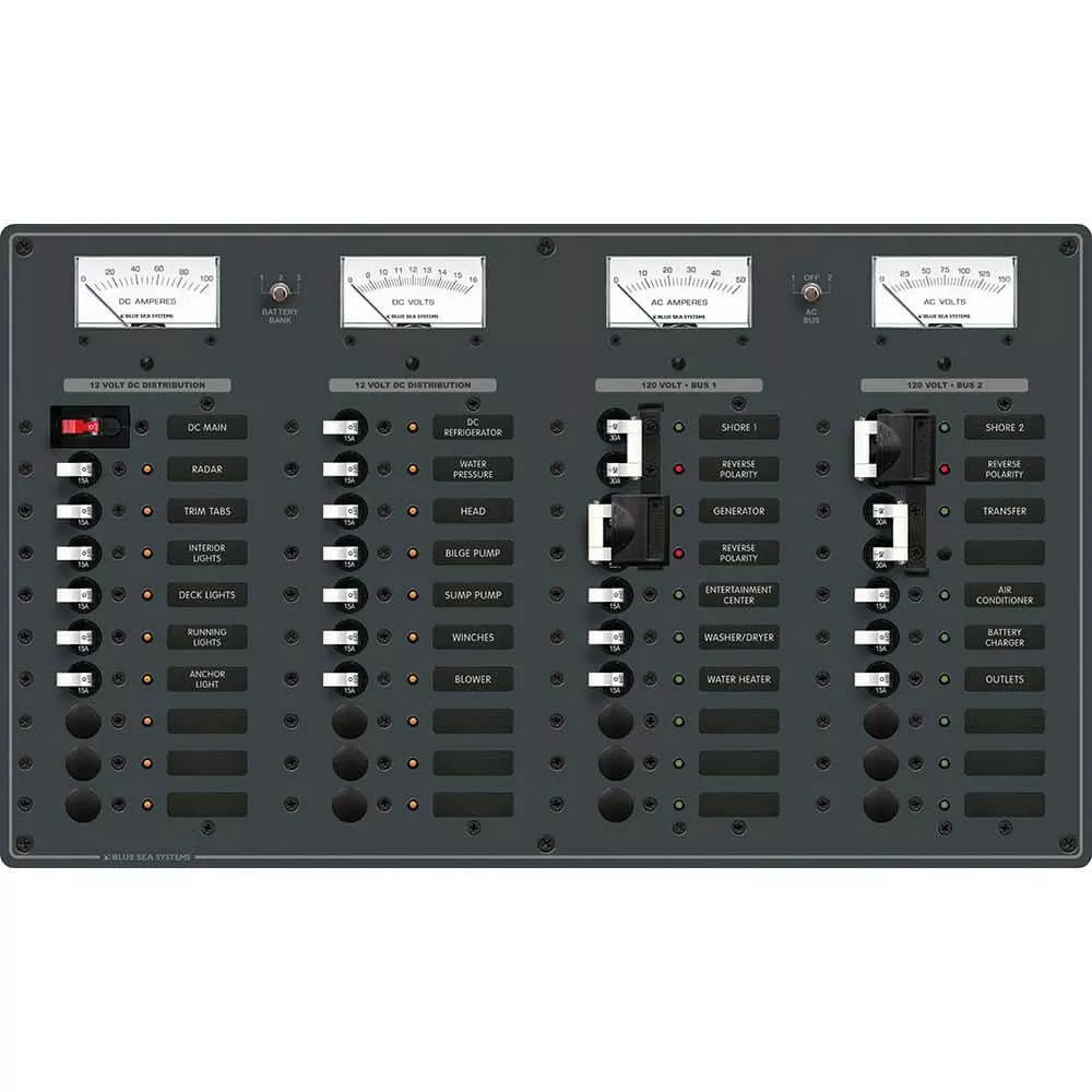 Blue Sea 8086 AC 3 Sources +12 Positions / DC Main +19 Position Toggle Circuit Breaker Panel(White Switches) – 8086