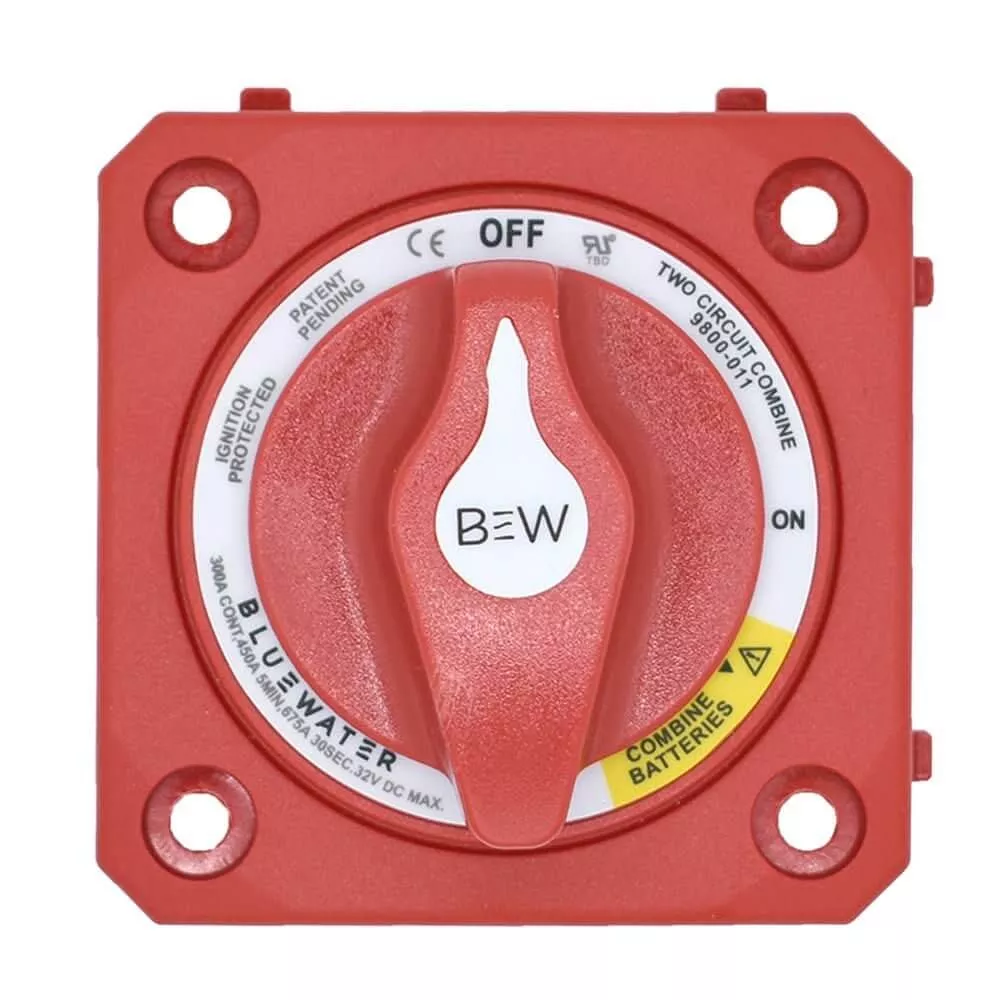 Bluewater Off/On Combine Battery Switch with Emergency Parallel – Panel Mount – Red – 9800-011-10