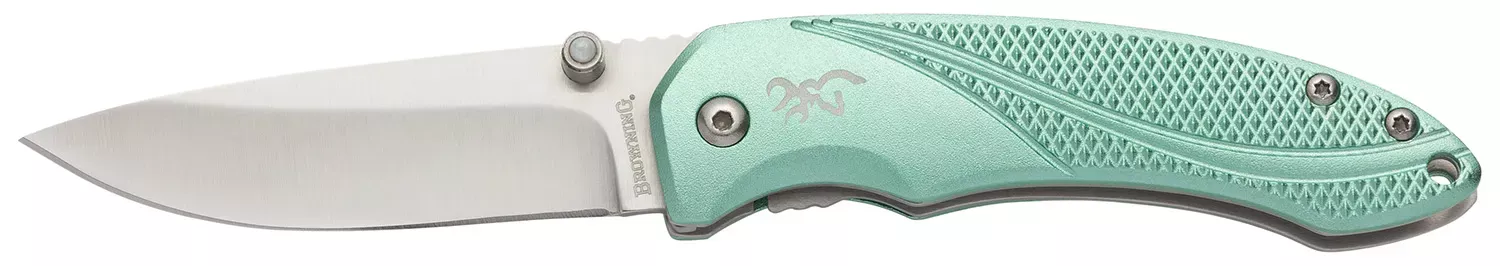 Browning Allure EDC 2.88″ Folding Drop Point Plain 7Cr17MoV SS Blade, Mint Green Textured Anodized Aluminum Handle