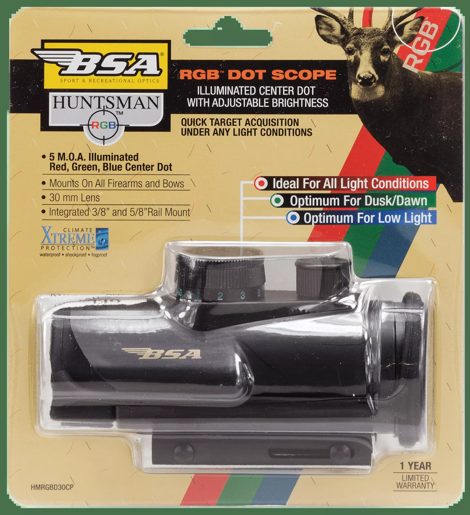 Bsa Huntsman 1x30mm Sight - Red/grn/blue Dot Reticle