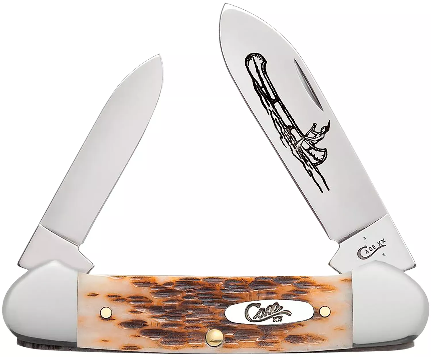 Case Canoe 2.60"/1.97" Folding Spear/Pen Plain Mirror Polished Chrome Vanadium Steel Blade/Peach Seed Jigged Amber Bone Handle