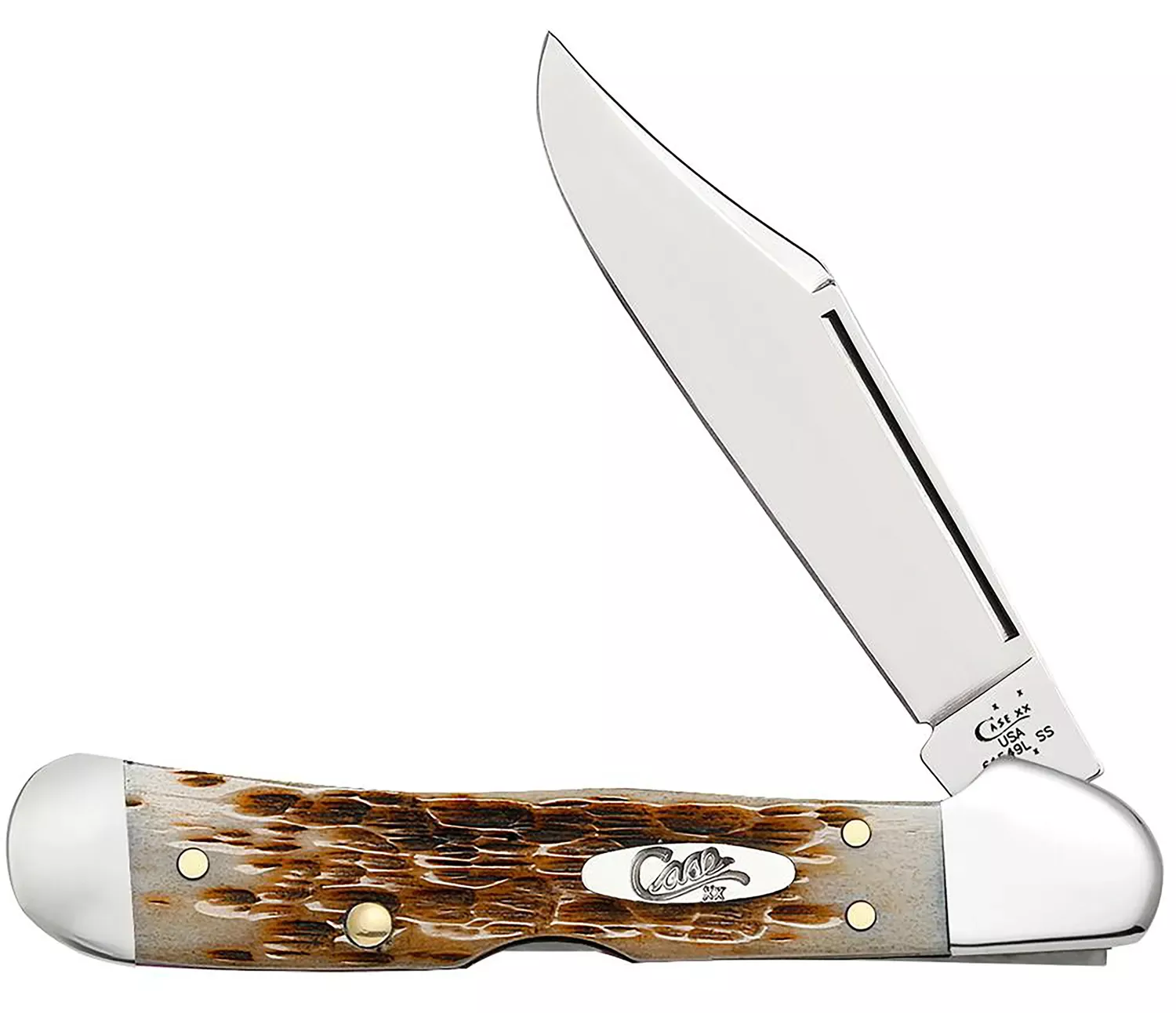 Case CopperLock Mini 2.72" Folding Clip Point Plain Mirror Polished Tru-Sharp SS Blade/Peach Seed Jigged Amber Bone Handle