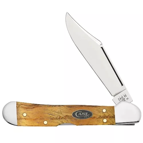 Case Knife Yellow Curly Oak Smooth Wood Mini Copper Lock #47127