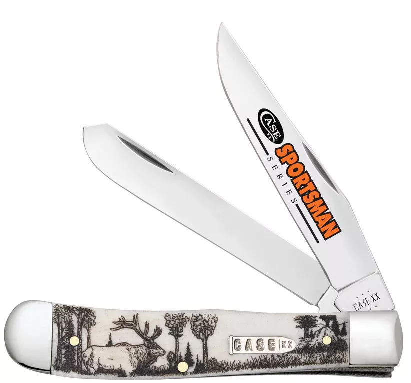 Case Sportsman Series Elk Embellished Trapper Knife – Smooth Natural Bone Handle