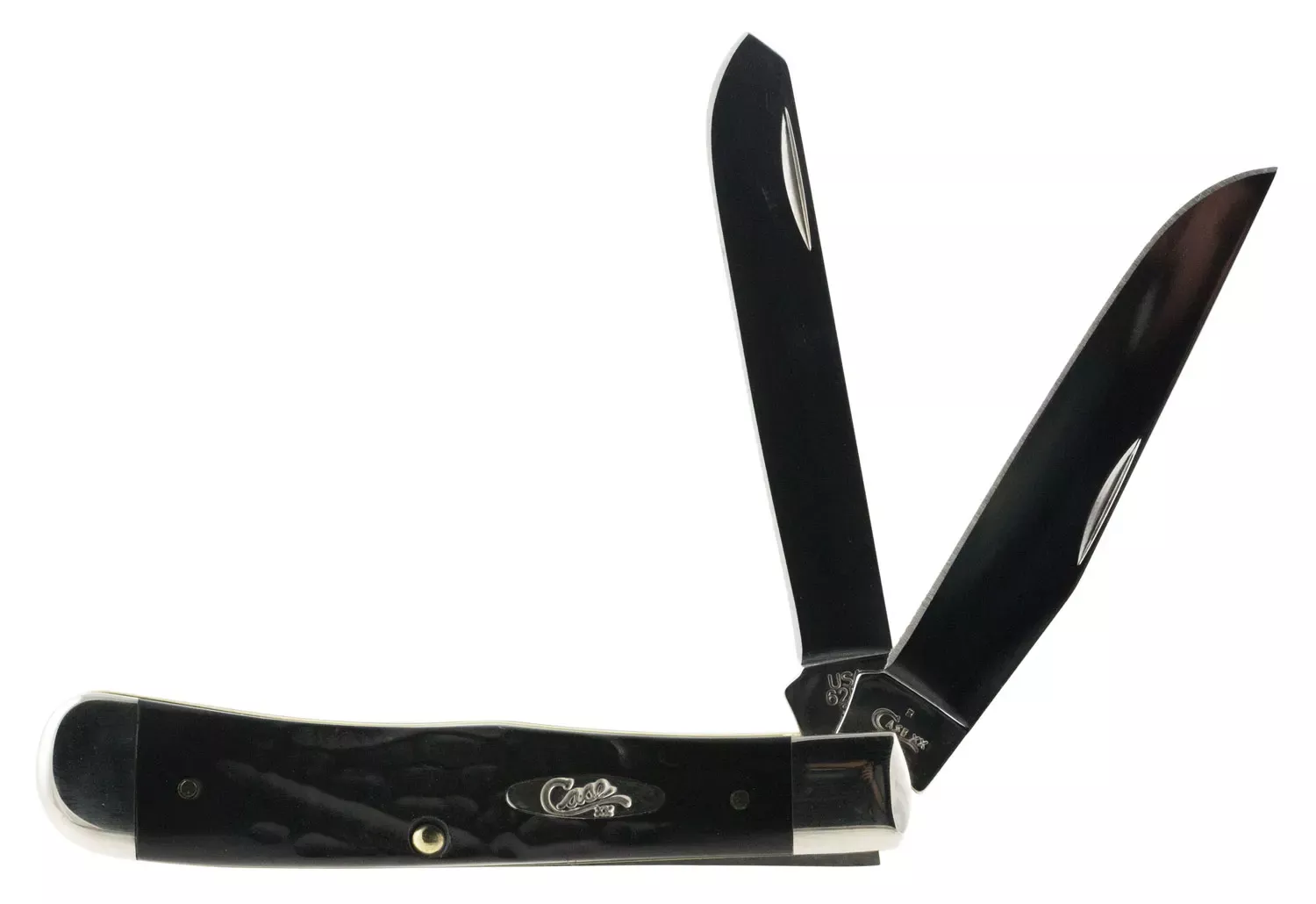 Case Trapper 3.25″/3.27″ Folding Clip Point/Spey Plain Mirror Polished Tru-Sharp SS Blade Rough Black Jigged Synthetic Handle