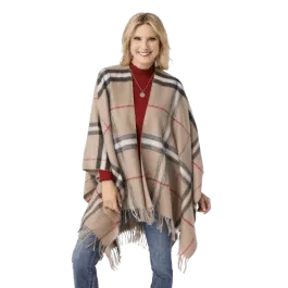 COCO + CARMEN Brushed Plaid Wrap – Taupe/Black/Red