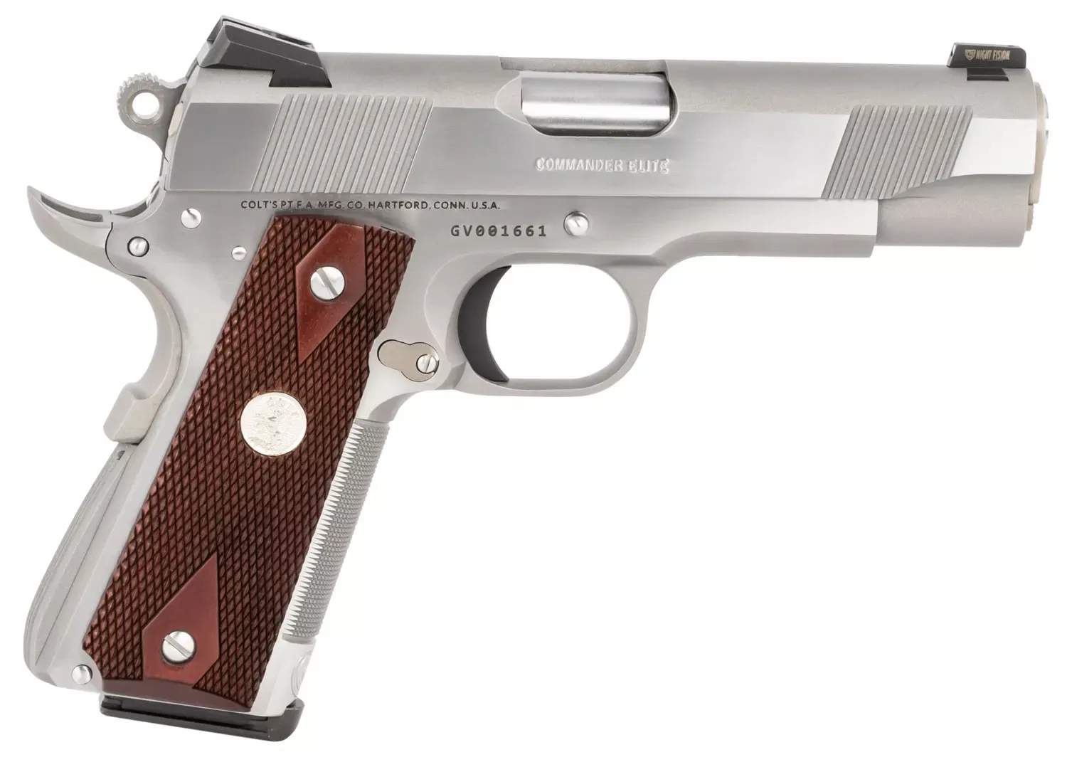 Colt Mfg Combat Elite Commander 45 ACP Pistol 4.25″ Stainless/Double Diamond Checkered Wood Grip O4012XSZ
