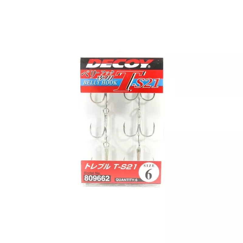 Decoy T-S21 Treble Hook T Shaped 3 Point Treble Hooks Size 6 (9662)