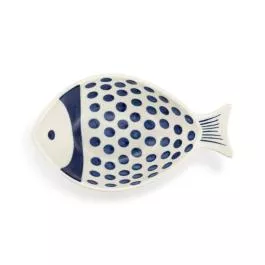 Demdaco Blue and White Dot Fish Ceramic Hand Painted Candy Dish – 7×4.5in