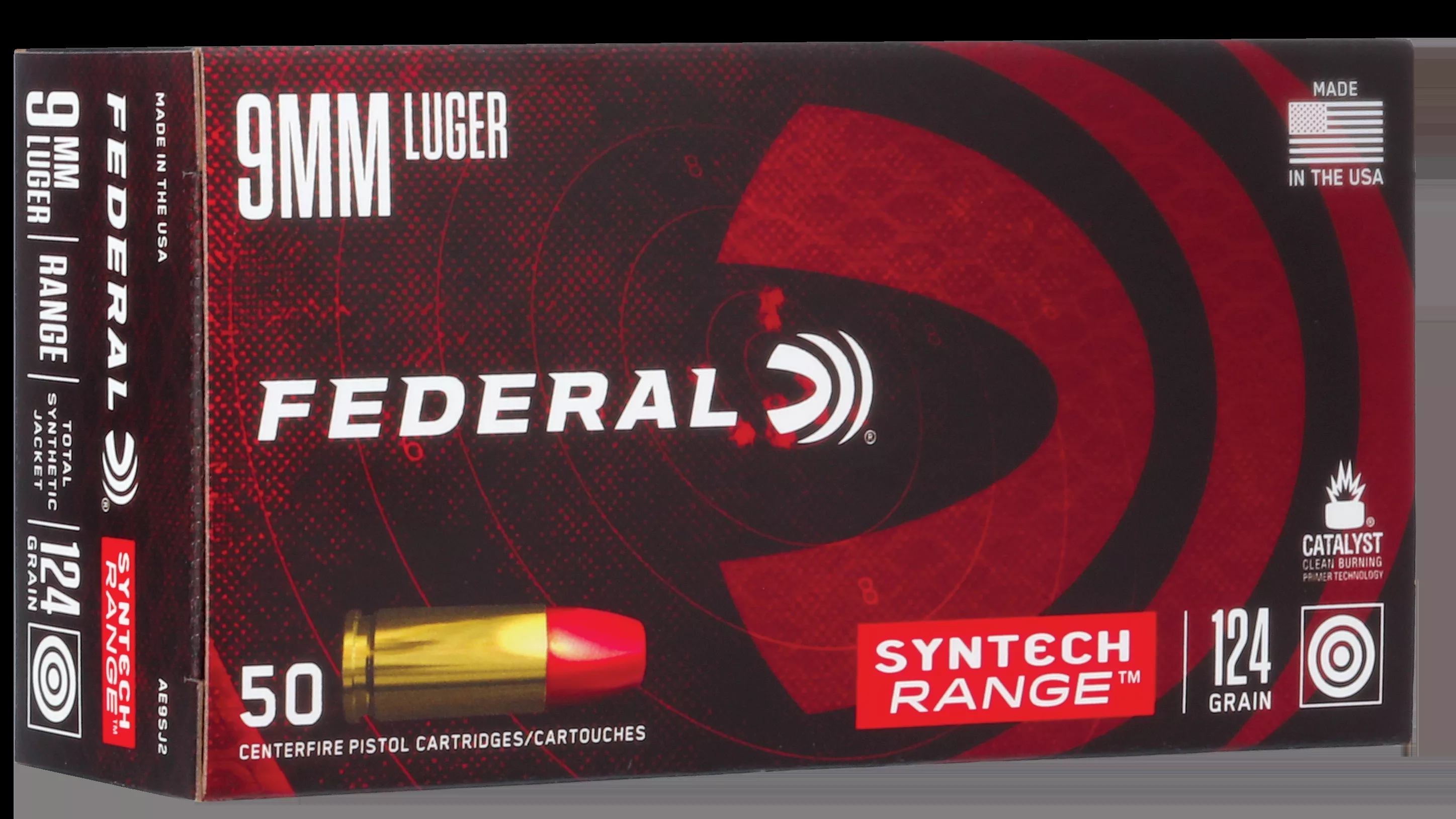 Federal American Eagle Syntech Range 9mm Luger Ammo 124gr Total Syntech Jacket Flat Nose 50 Rounds AE9SJ2