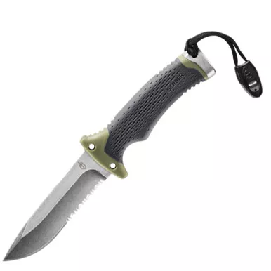 Gerber Ultimate Satin/Green Fixed Blade Serrated Edge Drop Point Black Sheath with Sharpener