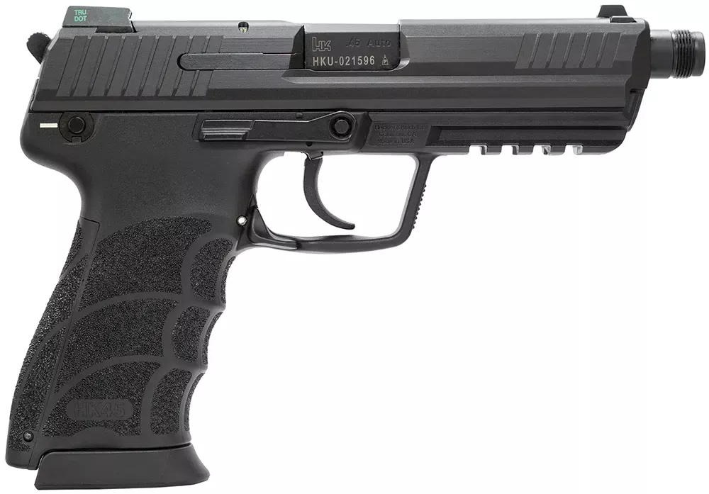 H&K 45T V1, 45ACP, 5.2″ Threaded Barrel, 10+1 Capacity, Black, DA/SA, 3-Dot Sights, Decocker, Rail, Interchangeable Backstrap, 2 Magazines