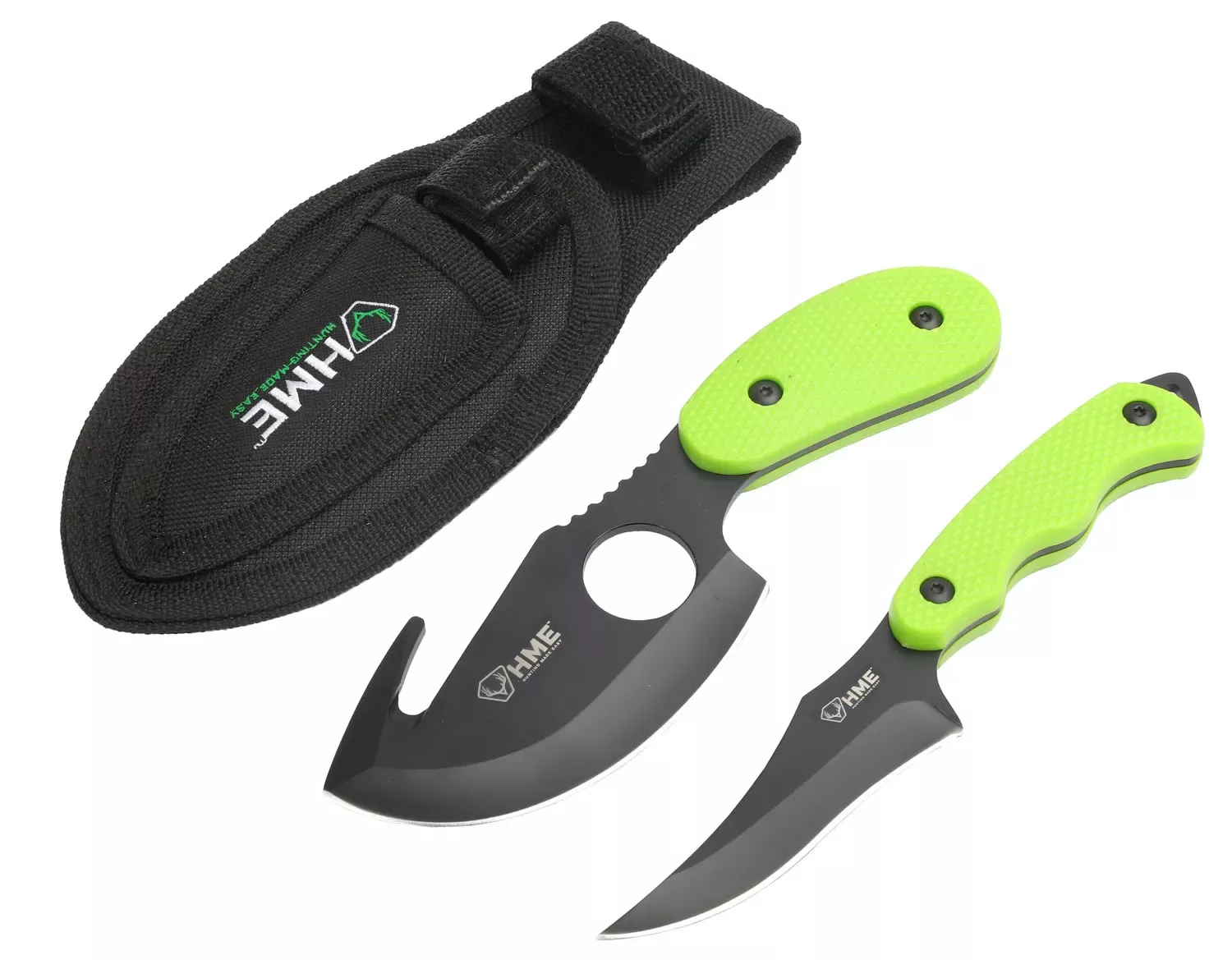 HME Skinning Kit3.50" Fixed Skinner w/Gut Hook/Caping Plain/Gut Hook Black Oxide 420HC Blade TPR Green Handle