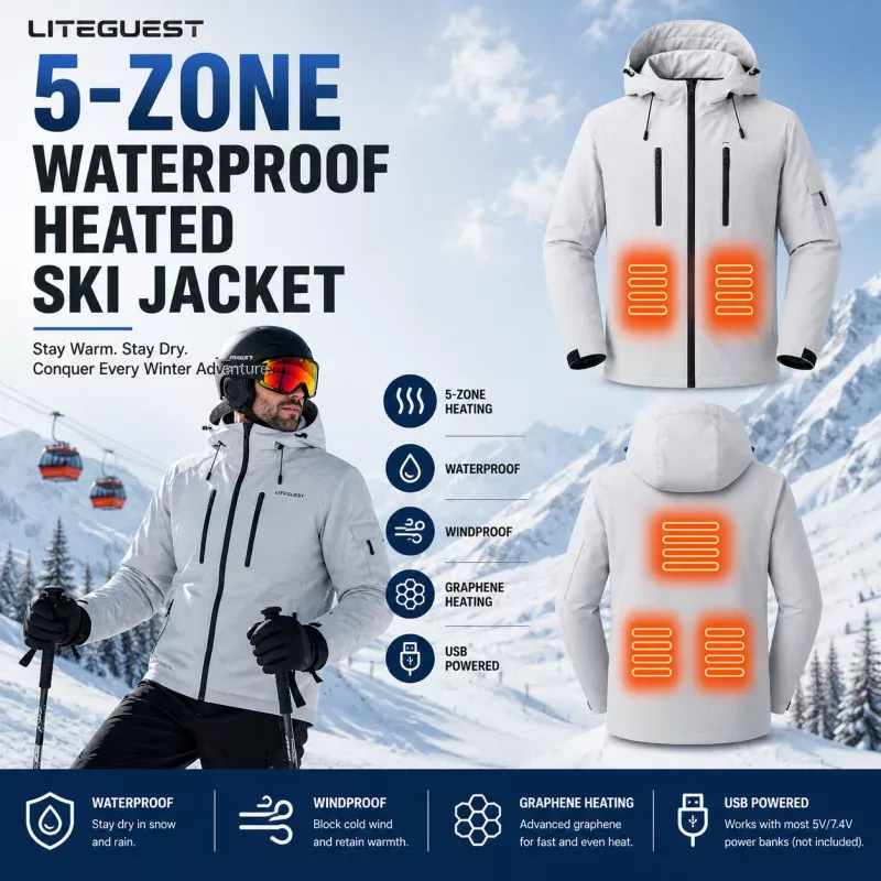 LITEGUEST 5-Zone Waterproof Heated Ski Jacket | USB Winter Coat