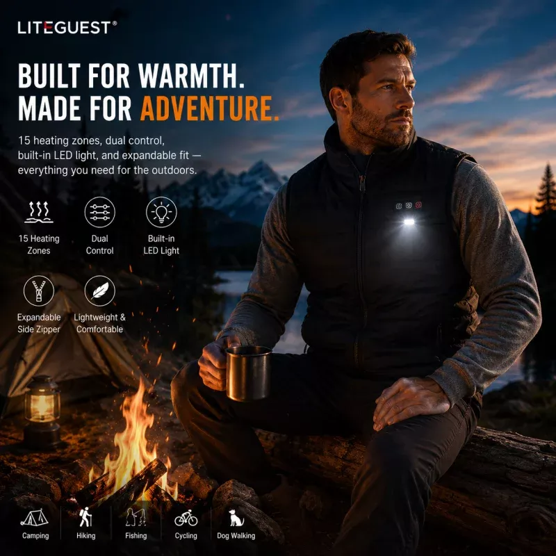 LITEGUEST LED Safety Heated Vest | 15-Zone Dual Control USB Heating