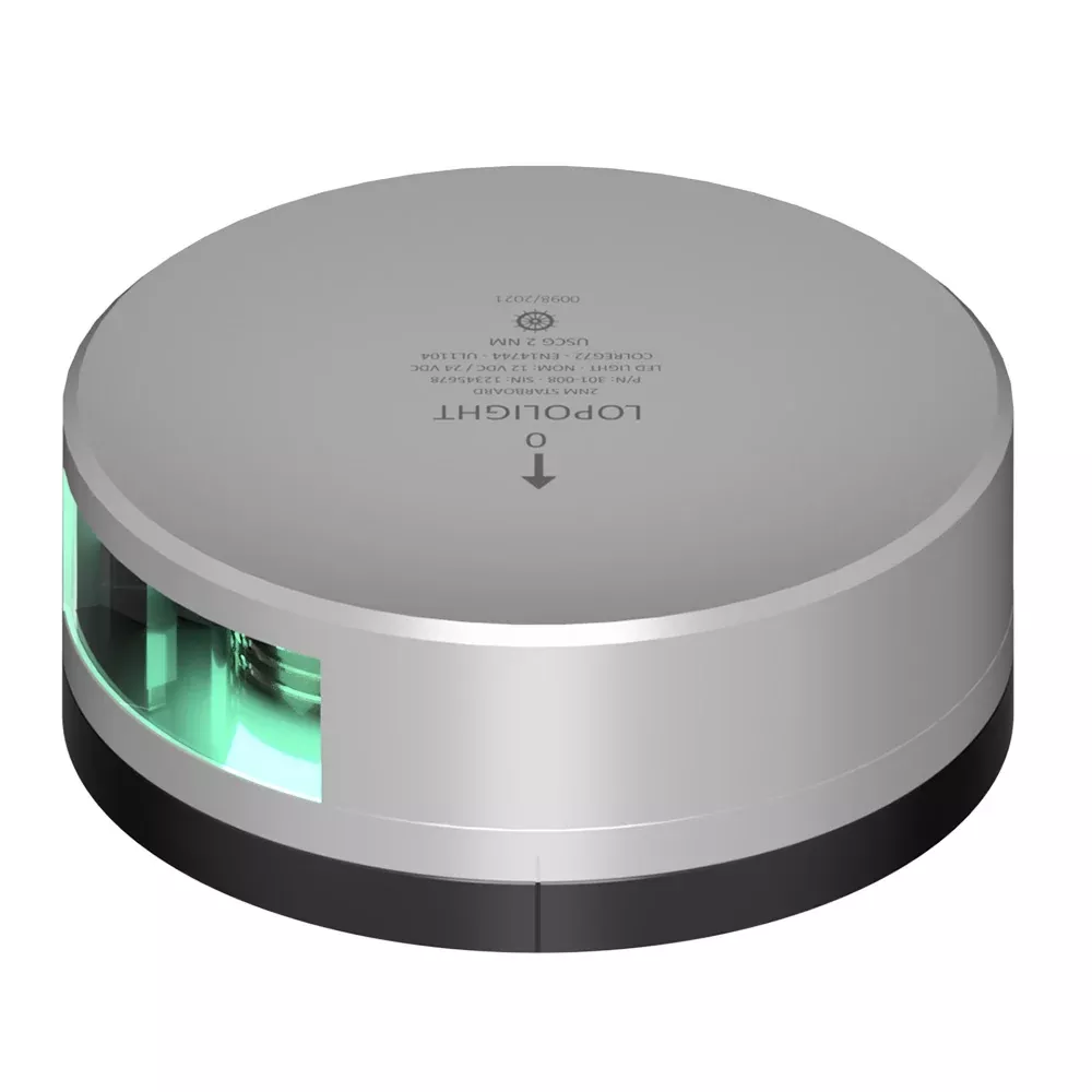Lopolight Green Starboard Light – 2NM – Silver Housing w/FB Base [301-008-FB]