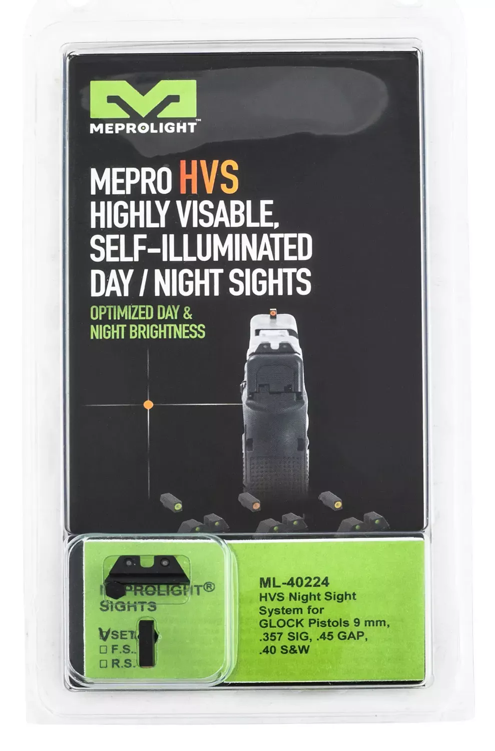 Meprolight USA Mepro Hyper-Bright Self-Illuminated Sights Fixed Tritium Green with Orange Outline Front