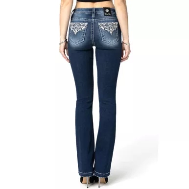 MISS ME Women’s Mid-Rise Silver Web Dark Blue Bootcut Jeans (M9191B)