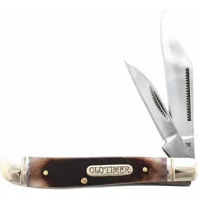 Old Timer 72OTBCP Genuine Bone Dog Leg Jack Folding Pocket Knife 2.26" Mirror Polished 9Cr18MoV High Carbon Stainless Steel Blade, Sawcut Handle