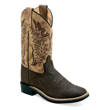 OLD WEST Childrens All Over Leatherette Broad Square Toe Brown Foot/Vintage Tan Shaft boots (VB9180)