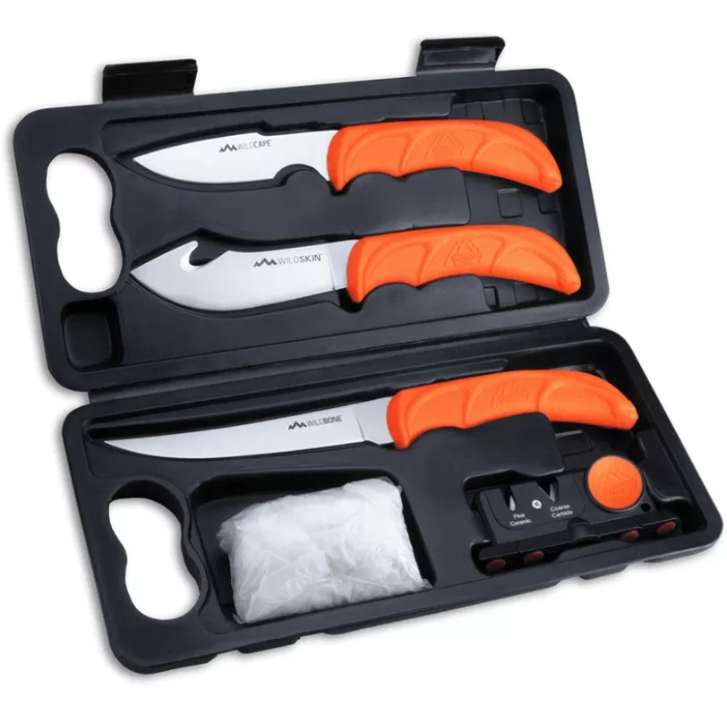 Outdoor Edge Wild-Lite 6-Piece Game Processing Set – Caping, Skinning & Boning Knives, Sharpener, Gloves & Case (WL-6)