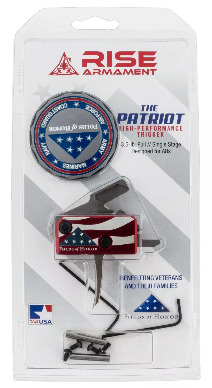Rise Armament The Patriot High Performance Single-Stage Flat Trigger with 3.50 lbs Draw Weight & Silver/Red/White/Blue Finish for AR-Platform Right