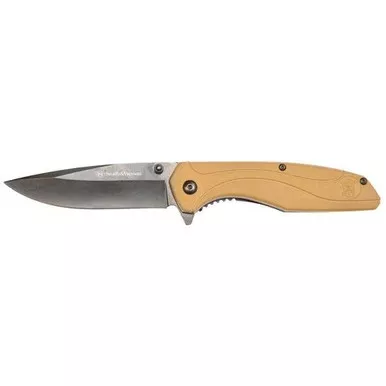 Smith & Wesson 1084312 Flipper Tab Folding Knife 3.50" Black Oxide Plain Edge Drop Point Blade, Coyote Tan Nylon Handle