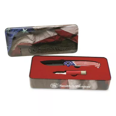 Smith & Wesson Heroes Gift Set 3.25" Drop Point Blade Partially Serrated Folding With Tin