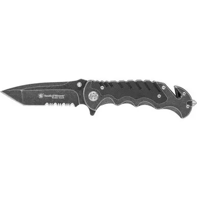 Smith & Wesson SWBG10S Border Guard Liner Lock Folding Knife 3.49" 7Cr17MoV High Carbon Stainless Steel Partially Serrated Tanto Blade, Black Aluminum Handle