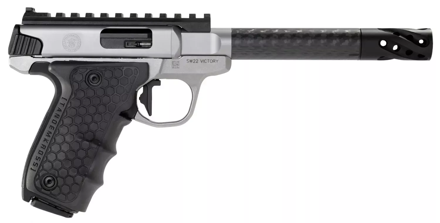 Smith & Wesson Victory Target, 22 LR Pistol, 10+1, Performance Center, 6″ Barrel, Muzzle Brake, Black Frame With Thumb Rest, Optic Ready