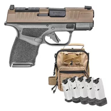 Springfield Armory Hellcat Micro-Compact 9mm 3″ OSP Desert FDE/Black Pistol With FDE Sling Bag And 5x Mags