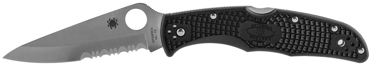 Spyderco Endura 4 Lightweight 3.75" Folding Drop Point Part Serrated VG-10 SS Blade Black Textured FRN Handle Includes Pocket Clip