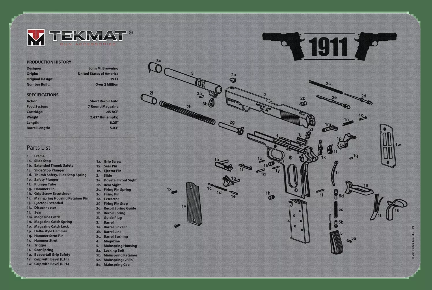 Tekmat Armorers Bench Mat - 11"x17" 1911 Pistol Grey