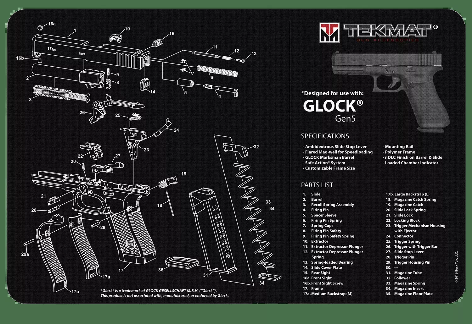Tekmat Armorers Bench Mat - 11"x17" For Glock G5 Black