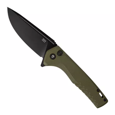 Tekto F3 Charlie Button Lock Folding OD Green G10 Handle D2 Drop Point Plain Black 3.8″