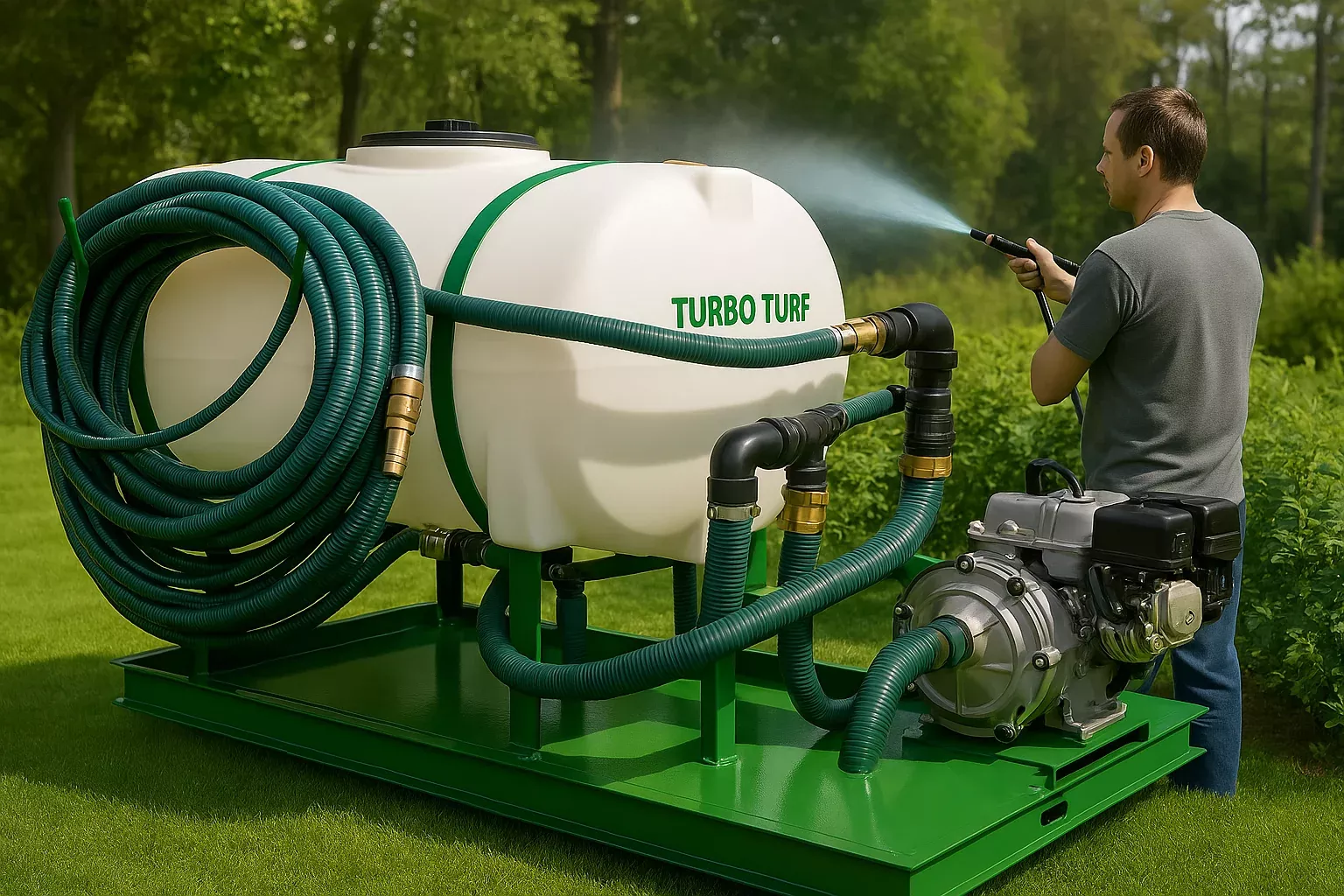 Turbo Turf Hydroseeder | Model HS-300-E8 & HS-300-E8-P | Width 62” | Length 93″ & 95″ | Capacity 300 Gallon | Engine Horsepower 8 HP | Skid & Trailer