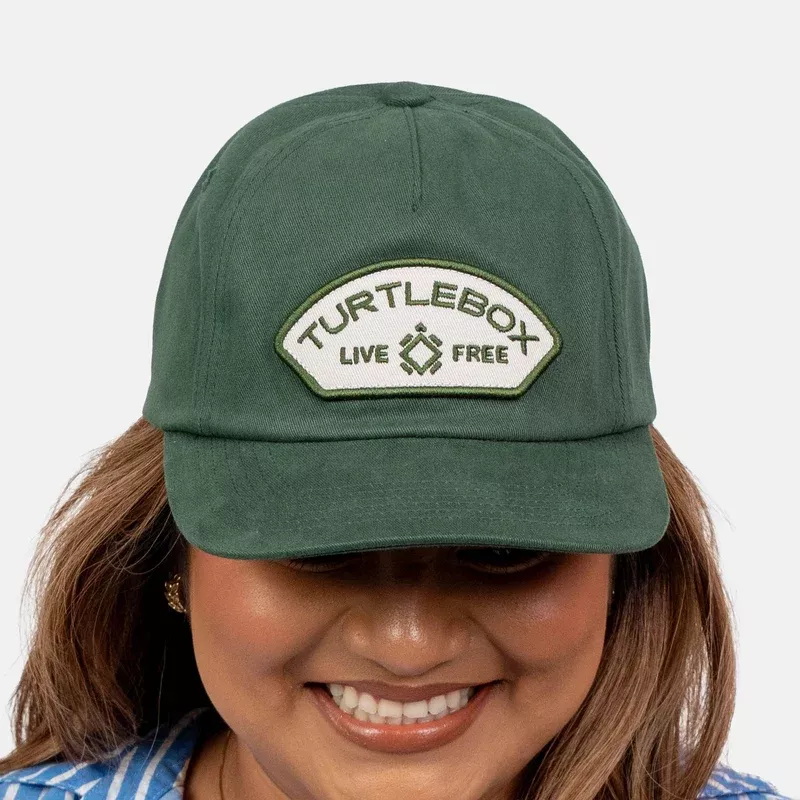 Turtlebox Forest Green Hat – Unstructured 5-Panel, Live Free Patch