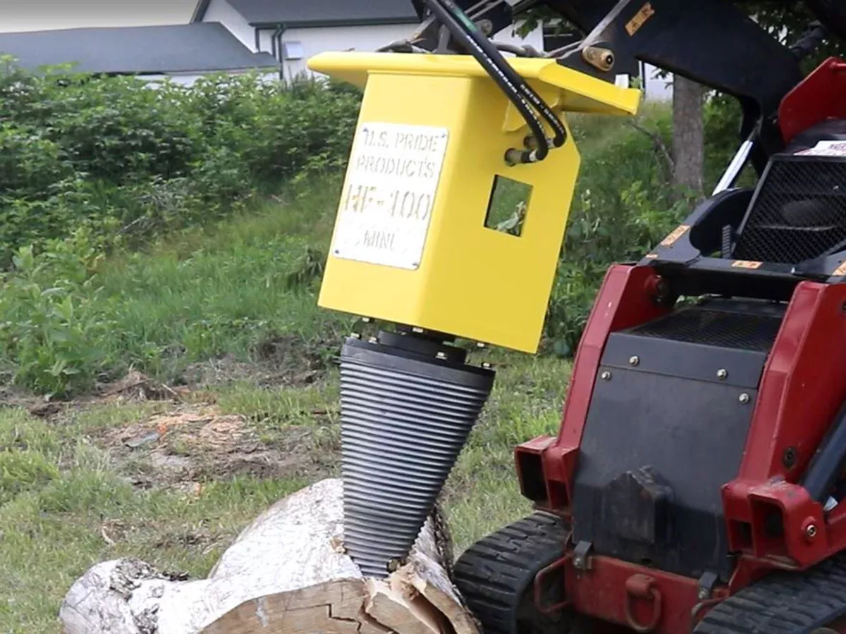 U.S Pride Hands Free Cone Screw Log Splitter | Model HF-100 Mini | Max Split Size 3′ Ft | Oil Flow Range 12-20 GPM | For Mini Skid Steer Loaders