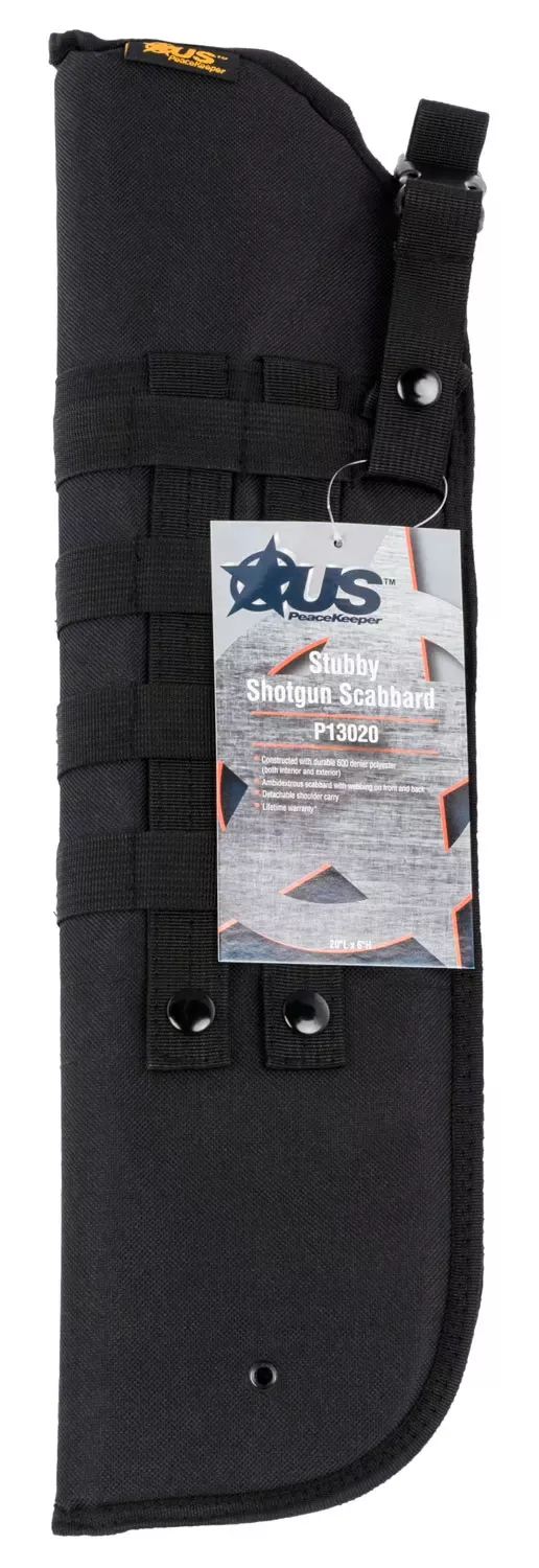 US PeaceKeeper Stubby Shotgun Scabbard made of 600D Polyester with Black Finish, Webbing, Removable Retention Strap & Detachable Shoulder Carry 20 L x 6" H Exterior Dimensions"