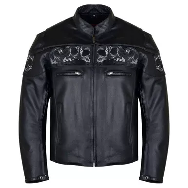 VANCE LEATHERS USA Men's Reflective Skull Premium Cowhide Leather Motorcycle Jacket (VL535)